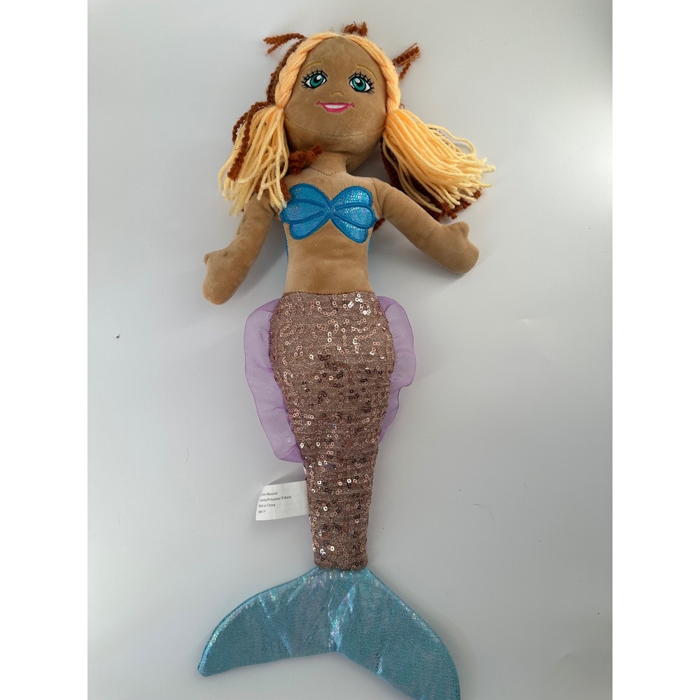 Fun Stuff Inc Mermaid Plush Doll Reversible Sequin Tail Brown Yarn Hair 20 Inch